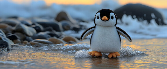 Playful Penguin Toy On Sandy Beach At Sunset