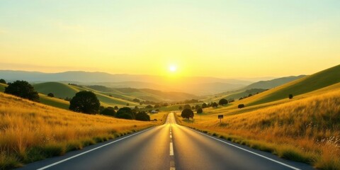 Fototapeta premium Golden Hour Highway A scenic road journey through rolling hills bathed in the warm glow of a setting sun, offering a sense of adventure and freedom.