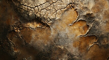 Close-up of cracked, textured, aged, earth-toned surface with crevices and discoloration.