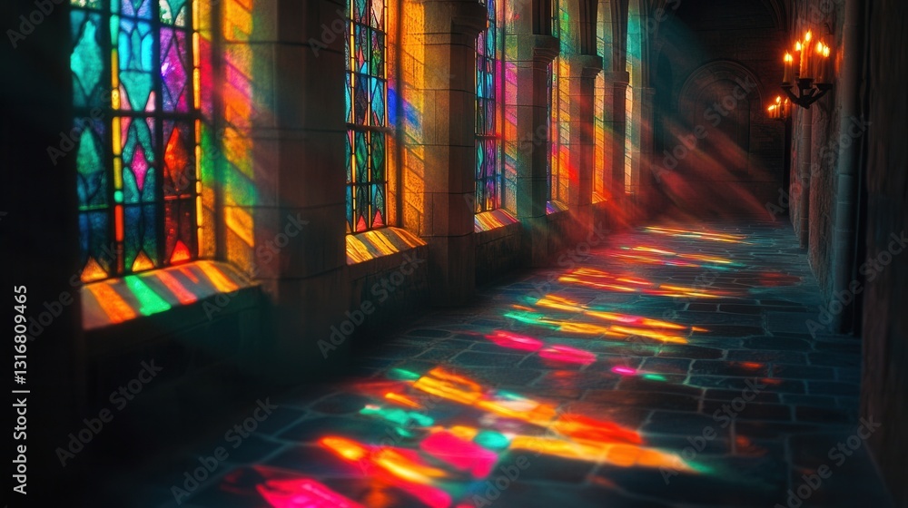 Poster sunlit path: a long corridor bathed in a kaleidoscope of light, where rays of light filter through t