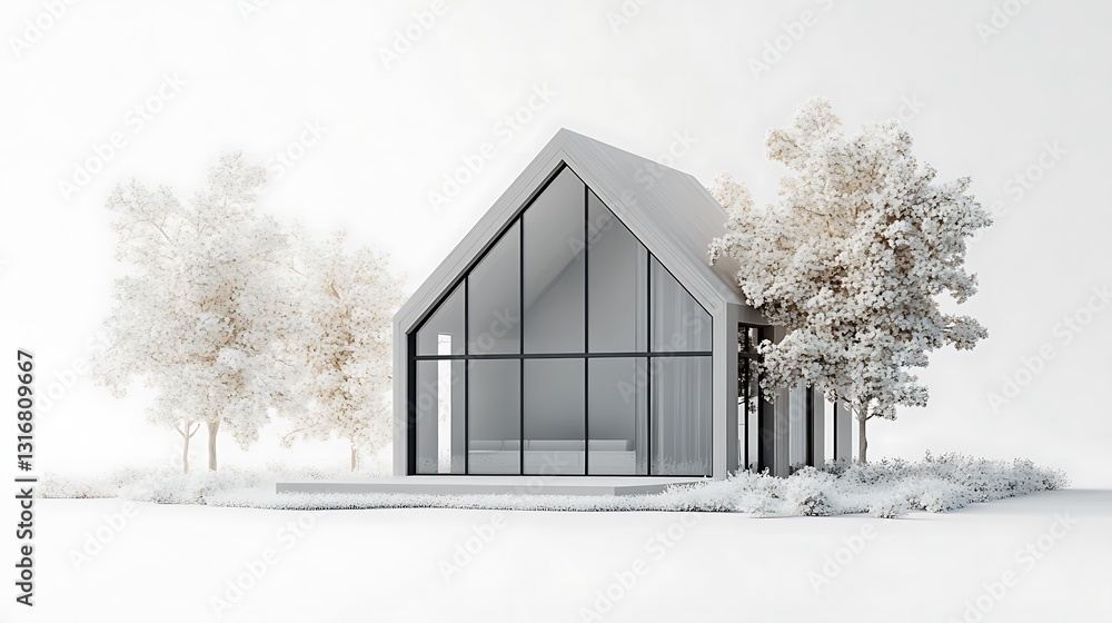 Poster modern minimalist house architectural 3d rendering model with trees.