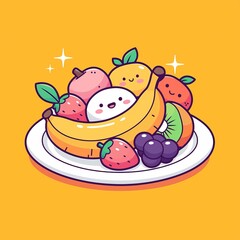 Cute Fruits on Plate, Cartoon Style