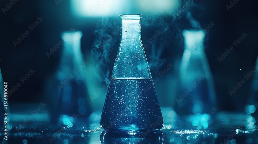 Poster vivid turquoise liquid in conical flask with steam and bubbles on dark background for scientific res