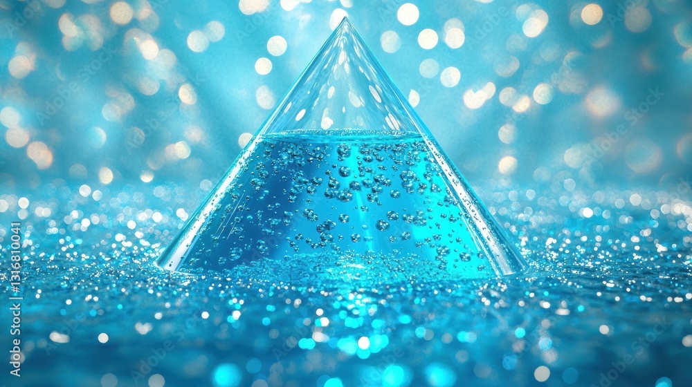 Poster vivid turquoise liquid in conical flask with bubbles and reflections against a sparkling blue backgr