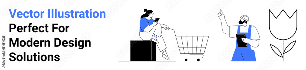 Poster customer sitting on a box with a smartphone near a shopping cart while a store assistant points with