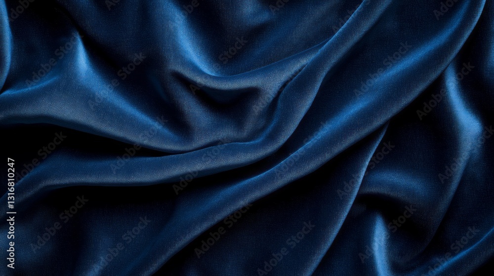 Poster the deep blue satin fabric flows gracefully, showcasing its smooth texture and shimmering surface. l