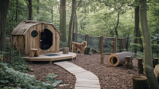 Rustic woodland retreat, A serene scene with cozy cabin and canine companion