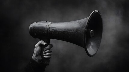 Hand holding old megaphone, black and white, smoky background.