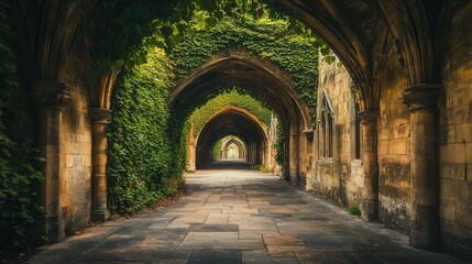 Fototapeta premium Arched Passage: An enchanting view down a succession of arched stone passages, beautifully framed with lush ivy and soft natural light, creating a sense of depth and mystery.