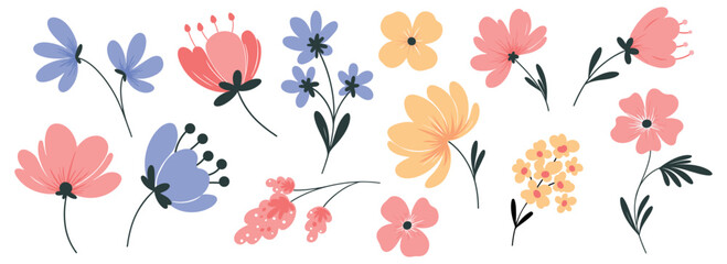Fototapeta premium Set of spring colorful floral elements. Set of floral wild flowers, branches leaves, foliage on white background. Vector illustration.