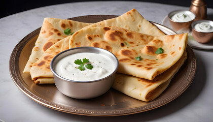 Golden brown aloo paratha with a dollop of yogurt on the side