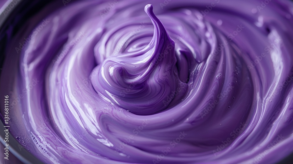 Poster close-up of translucent purple liquid in a graduated container with swirling texture and vivid color