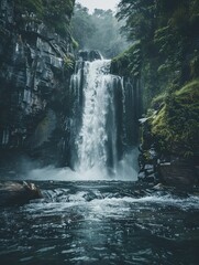 Naklejka premium Cascading wonder, Serene waterfall plunges through lush, rugged terrain