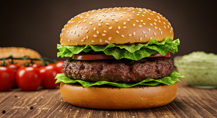 "A close-up of a gourmet burger on a wooden surface. The burger consists of a toasted brioche bun with sesame seeds, a juicy grilled beef patty, and fresh green lettuce. The top bun is slightly lifted