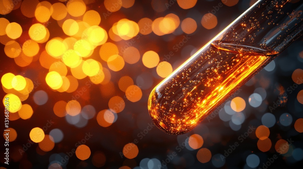 Poster close-up of translucent orange liquid in test tube with sparkling bokeh background