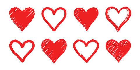 Set of five red hearts vector icon set isolated. Heart icons. Red hearts symbol, love sign, heartbeat silhouette, heart pictograms isolated set. Vector illustration.