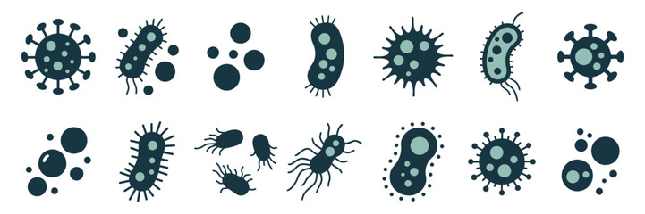 Bacteria, microbe, virus outline vector icon set. Microscopic bacterium and bacillus collection, isolated on white background.