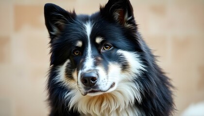 Karelian Bear Dog with Thick Coat and Focused Expression in Neutral Background