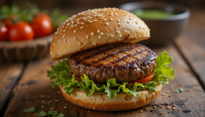 "A close-up of a gourmet burger on a wooden surface. The burger consists of a toasted brioche bun with sesame seeds, a juicy grilled beef patty, and fresh green lettuce. The top bun is slightly lifted