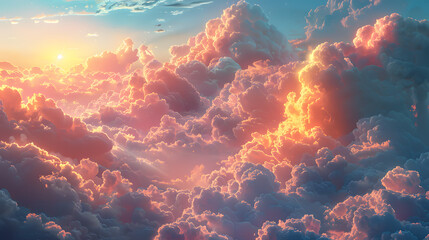 Fototapeta premium Breathtaking sunset over vibrant clouds, casting warm hues across the sky, evoking tranquility