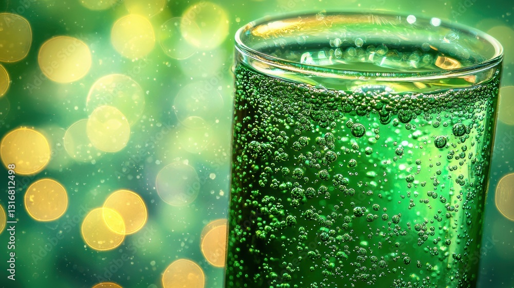 Poster close up of soft green liquid in narrow flask showing bubbles with vivid background of light and vag