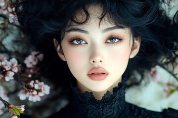Fototapeta premium Lovely mixed-race young woman surrounded by cherry blossoms. Commercial marketing creative. Spring mood, dark night and warm mystic light - complementary lighting. Bright woman in floral park.