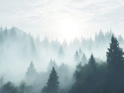 Ethereal forest landscape with morning fog and blurred silhouettes