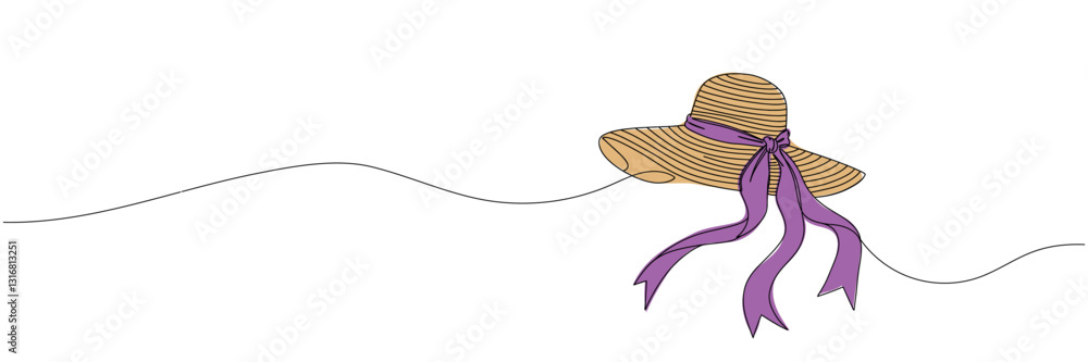 Poster one continuous line of women's hat.one line drawing of hat with ribbon.single line vector illustrati