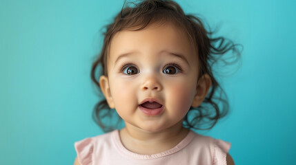 Naklejka premium Toddler girl with a surprised expression, innocence and wonder in her eyes.