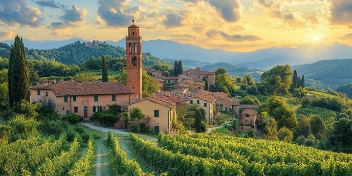 Vineyard Village Sunset: A charming village nestled amidst rolling hills and sprawling vineyards basks in the golden light of a setting sun, creating a picturesque and idyllic landscape.