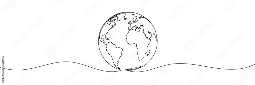 Poster continuous line art or one line drawing of global vector on white background.