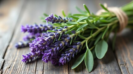 A rustic bundle of lavender and rosemary, tied with twine, rests on a weathered wooden surface, exuding natural