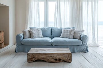 Fototapeta premium A modern minimalist interior design in the living room with a sky blue sofa and coffee table and white curtains. Generative AI 
