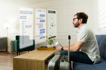 Man wearing augmented reality glasses planning a trip using a virtual holographic display showing bus schedule, messages and ride share map