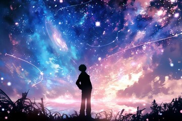 Fototapeta premium Silhouette of a Person Gazing at a Cosmic Sky Filled with Stars, Planets, and Vibrant Colors at Dusk Under Galactic Phenomena