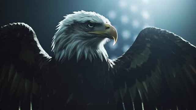 close up view of american eagle spreading wings with us american flag in background. blue tinted background colour