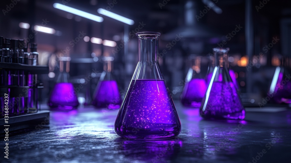 Poster close up of pale violet liquid in round flask on laboratory table with glowing effects