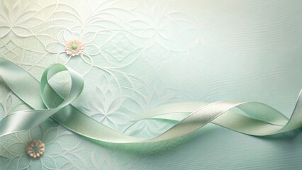 Elegant Pale Green Satin Ribbon on Embossed Floral Background, Perfect for Wedding Invitations or Special Announcements