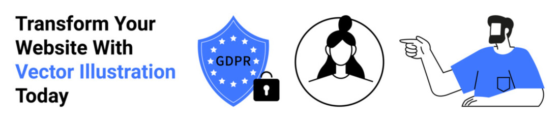GDPR shield icon with lock, user profile avatar, and man pointing in stylish vector art. Ideal for data security, user identity, professionalism, privacy awareness, communication, branding flat