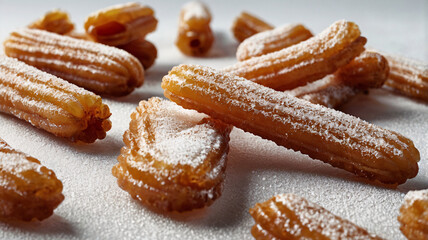 Several sugar dusted churros are scattered on a white surface. Churros are a well known fried pastry, commonly savored as a sweet treat.