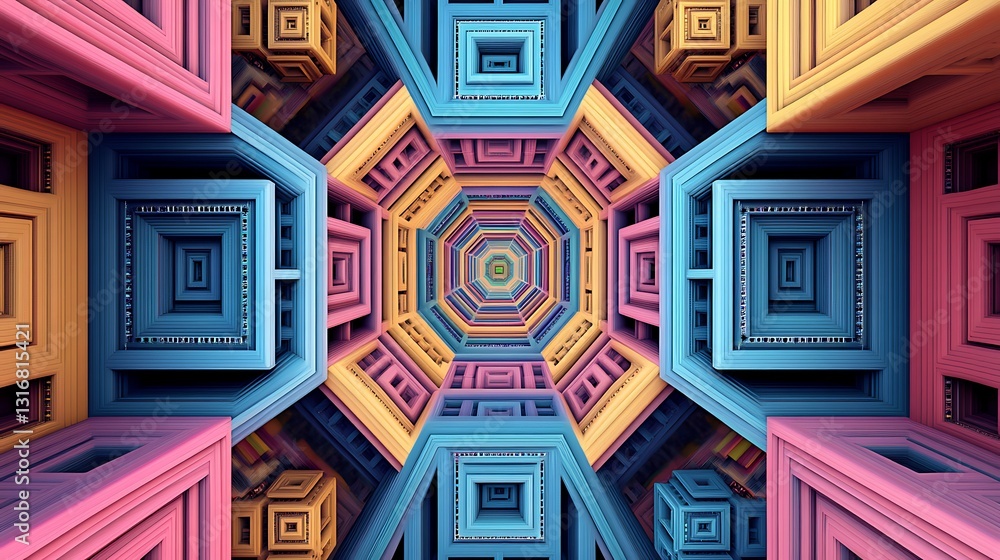 Poster abstract colorful geometric 3d fractal art with repeating patterns, creating an illusion of depth an