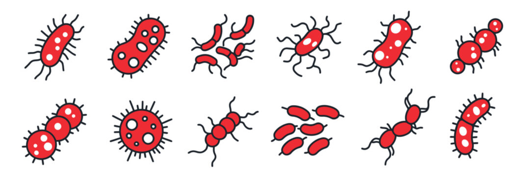 Bacteria, microbe, virus outline vector icon set. Microscopic bacterium and bacillus collection, isolated on white background