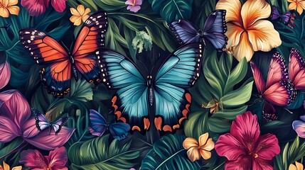 Vibrant tropical seamless pattern with butterflies and flowers.