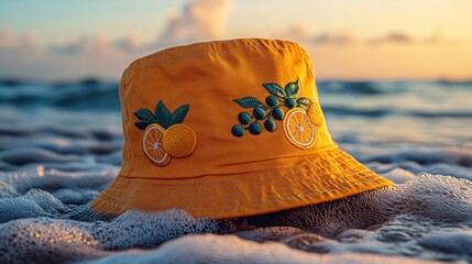  Embroidered orange bucket hat with fruit design on seaside background.Colourful summer patches. Use for fashion blogs, summer accessories, beachwear, art wear, product photography.