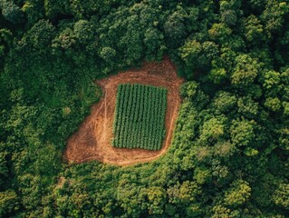 Aerial view of a cultivated field surrounded by dense forest greenery