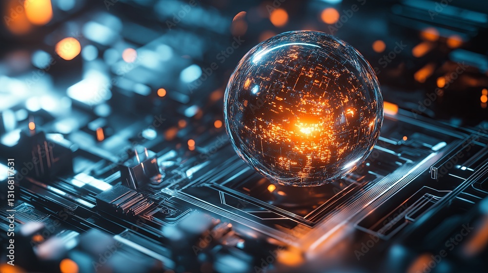 Poster a futuristic glowing sphere surrounded by metallic elements.