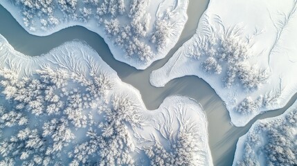 Aerial vista of frozen river winding through snowy forest wonderland