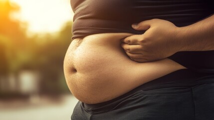 Close-up of a man's hand grabbing excessive belly fat, symbolizing overweight, obesity, weight gain, unhealthy lifestyle, and body awareness