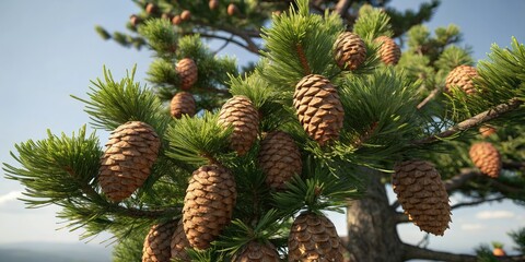 A cluster of cedar cones on a mature cedar tree, cones, forest