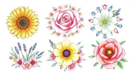 Fototapeta premium Beautiful Watercolor Floral Collection Sunflowers Roses Poppies More